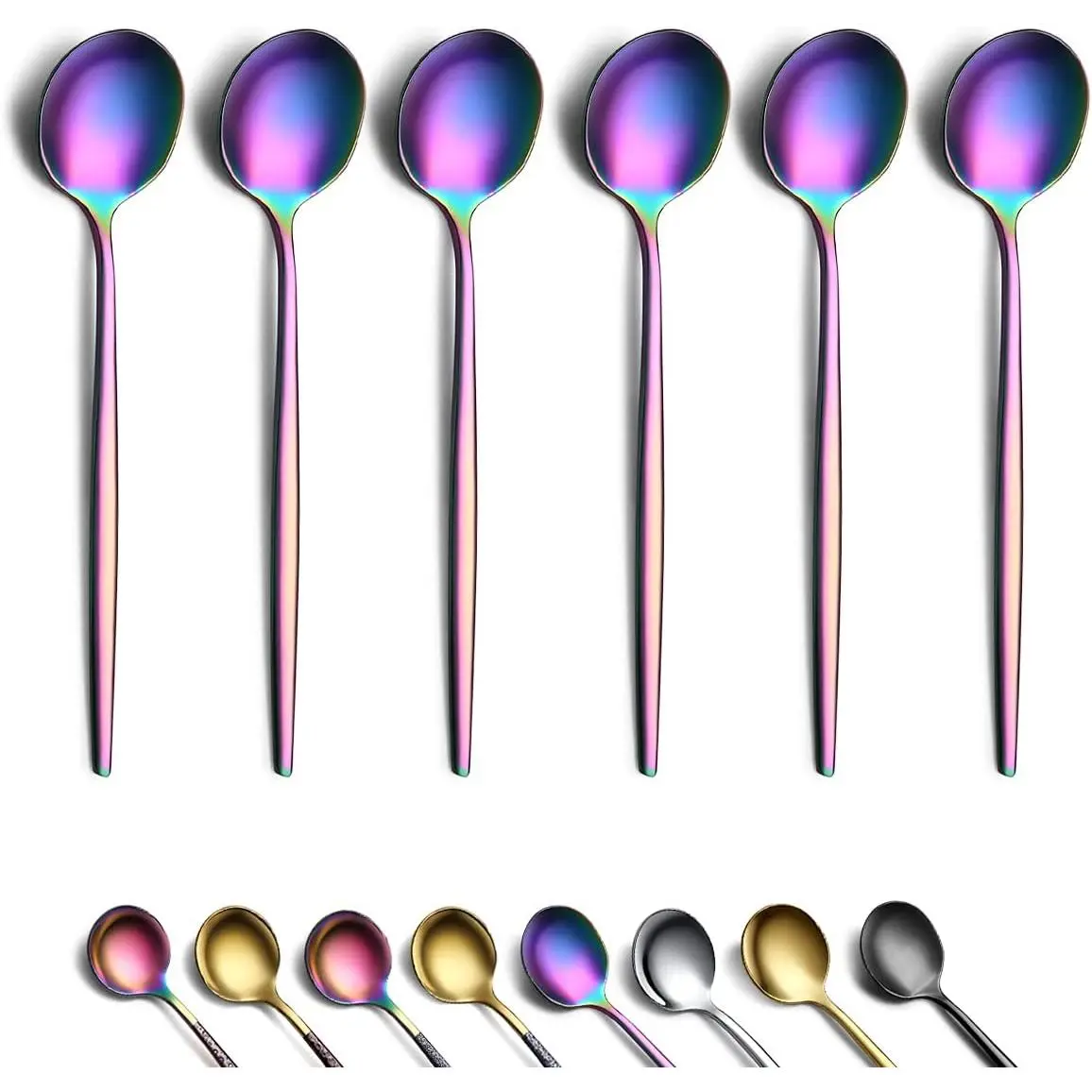 Rainbow Coffee Spoons Set of 6, Stainless Steel 5.1" Colorful Titanium Plating Demitasse, Tiny Multi-Color Espresso, Small Mini, Dishwasher Safe