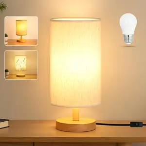 Desk Lamp LED Bulb Included, Small Plug-in Bedside Table Lamp with Classic Wood Base Flaxen Fabric Shade, Nightstand Light for Bedroom Office Desk