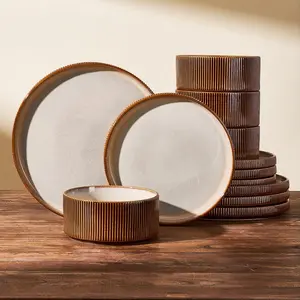 Stoneware Dinnerware Sets, Handcrafted Double Reactive  Plates and Bowls for Everyday & Formal Dining, Microwave & Dishwasher Safe, Scratch Resistant Dishes Service for 4 (12-), Cream Cocoa