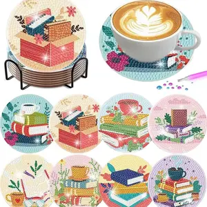 8-Piece Diamond Art Coaster Set with Stand, DIY Book Scent Tea Pattern, Suitable for Adults and Beginners, Perfect Gift for Friends