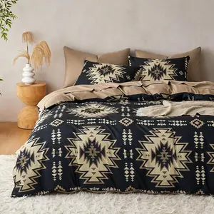 -  Comforter Set, Boho Southwestern Rustic  Style with Aztec Geometric Block , Soft Lightweight Beddg, 3 count, Tan Black, Kg Size