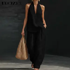 UOOZEE Women's 2-Piece Cotton Linen Blend Halter Top & Wide Leg Pants Set - Chic Bohemian Style, Oversized, Breathable Summer Casual Co-Ord with Pockets, Lightweight Vacation Outfit, Size Down for Slim Look (Includes Bag)