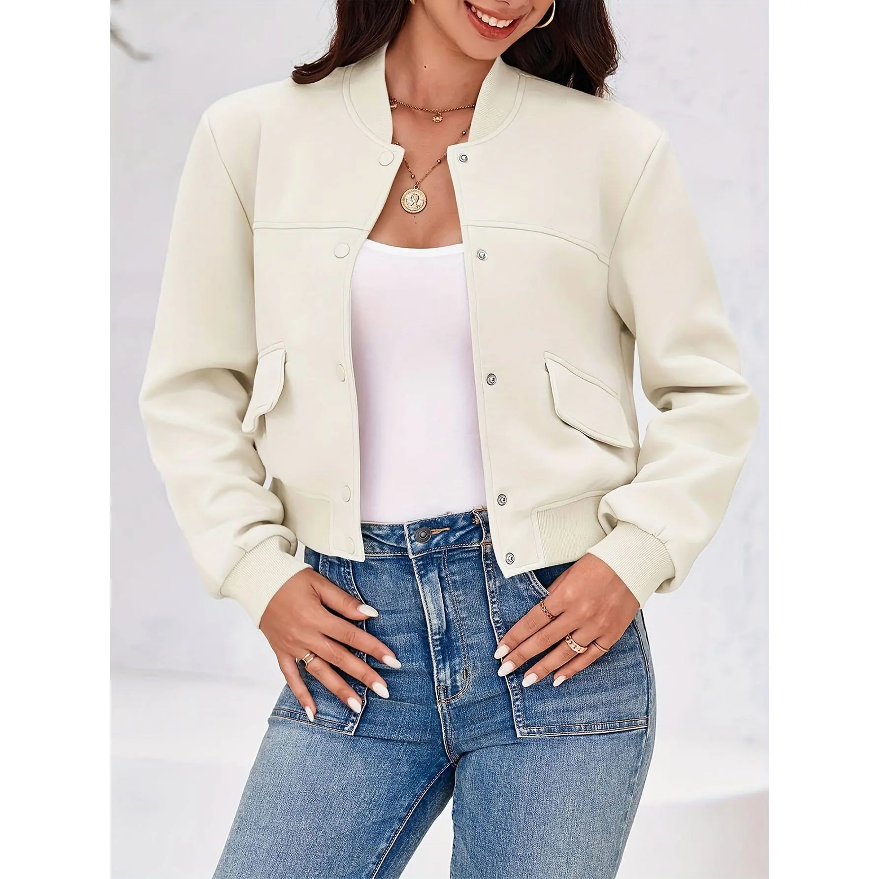 Women's PU Leather Bomber Jacket, Fitted Zip Jumper Style Outerwear, Classic Fashion Tops with Pockets for Spring & Autumn, Coats, Jackets, Chic, Feminine, Lady