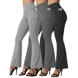 Oner Active 3-Pack Women's High Waist Flared Pants with Pockets Soft Tummy Control Yoga & Fitness Leggings in Black Dark Gray Gray