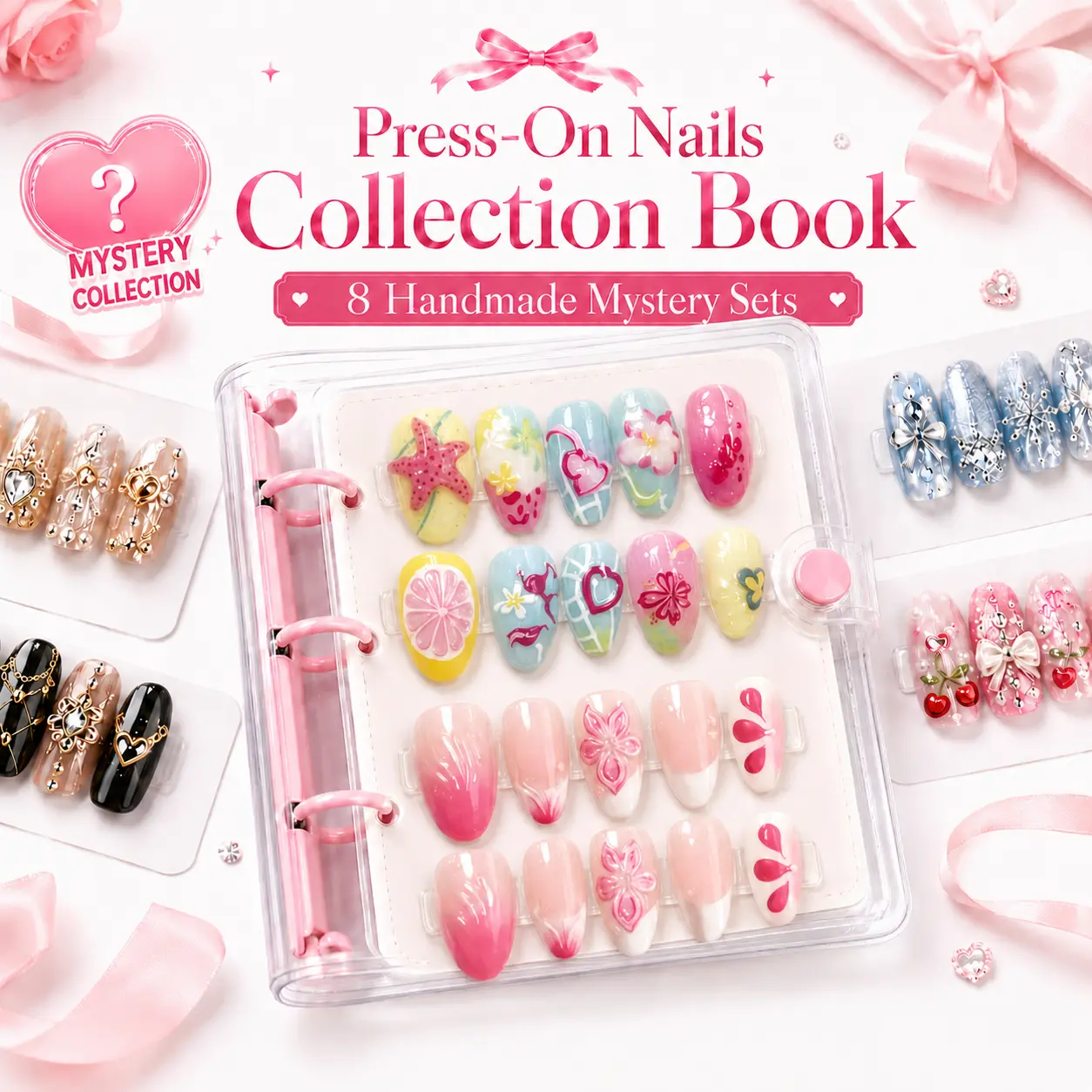 [Velvet Claw]  8 Sets Mystery Press On Nails Collection Book, Handmade 3D Nail Art Storage Binder with Application Kit and Random Surprise,press-on nail collection,wearable nail art,reusable nail art