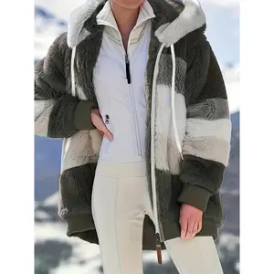Women's autumn and winter warm casual hooded jacket, plush patch zipper pocket design, loose outdoor sports and social wearRAIMENTRY