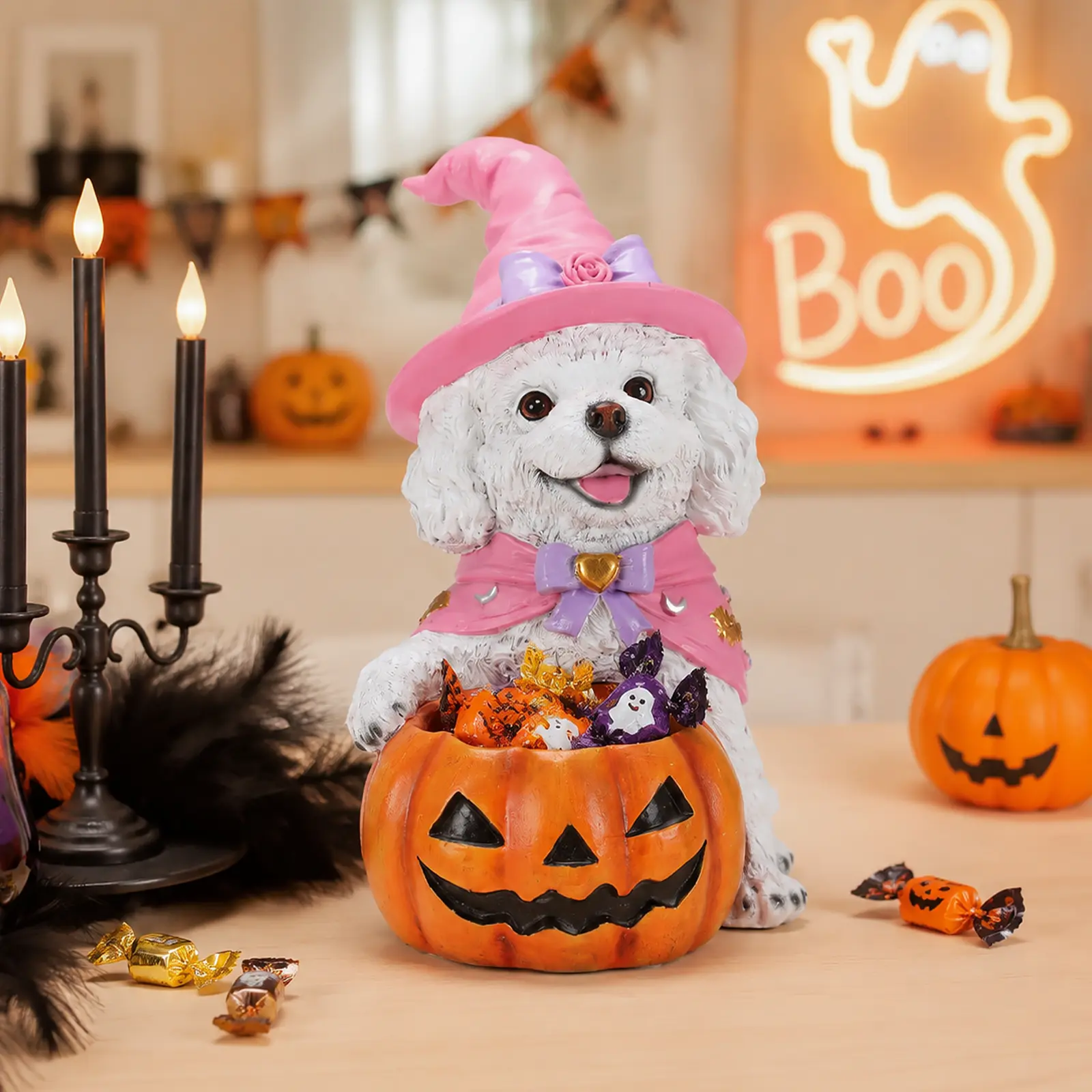 Halloween Dog Decoration, Cute Witch Puppy Figurine with Pumpkin Candy Bowl, Halloween Tabletop Centerpiece Decor for Home Party Display