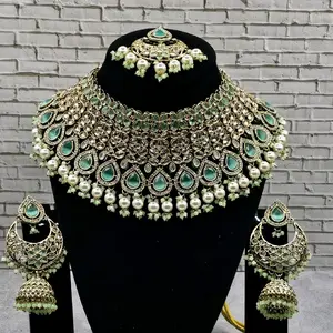 Sage Green Polki Bridal Set with Intricate Design and Pearl Accents for Traditional Wear