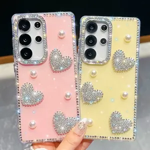 3D Diamond Pearl Love Heart Case For Samsung S24 FE S25 Plus S23 Ultra A16 A26 A36 A56 A07 A17 A15 A35 A55 5G Bling Glitter Protector Cover
