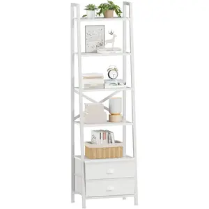 5-Tier Ladder Shelf with 2 Drawers,Narrow Bookshelf Storage Shelves,Industrial Bookcase Freestanding Rack Units for Bedroom,Living Room,Bathroom,Home Office,Balcony, Metal, White