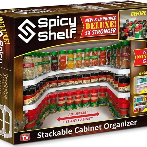Spicy Shelf Deluxe Adjustable 2-Layer Plastic Cabinet-Rack Kitchen Accessory - 5x Stronger Expandable Racks, Slide Rubber Features, Adjustable Height and Width, Multiple Sizes & Installation Types, Fits Any Cabinet, Kitchen Seasoning Space Saver