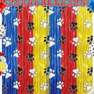 2 Pack Paw Print Foil Fringe Curtains - 3.3 x 6.6ft Blue Red Gold Metallic Tinsel Backdrop for Paw Birthday Party Decorations, Paw Theme Party Supplies Photo Booth Props Streamers