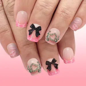 24pcs Short Square Glossy False Nails Pressed On Nails, Rose French Lips Heart Rhinestone Bow Design, Women Nail Art Decoration, Nail Charms, Nail Art Diy