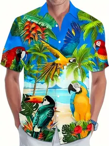 Men's Plus Size Hawaiian Print Casual Outings Shirt, Tropical Jungle Bird Pattern, Loose Fit Breathable Casual Top, Short Sleeve Summer Clothing