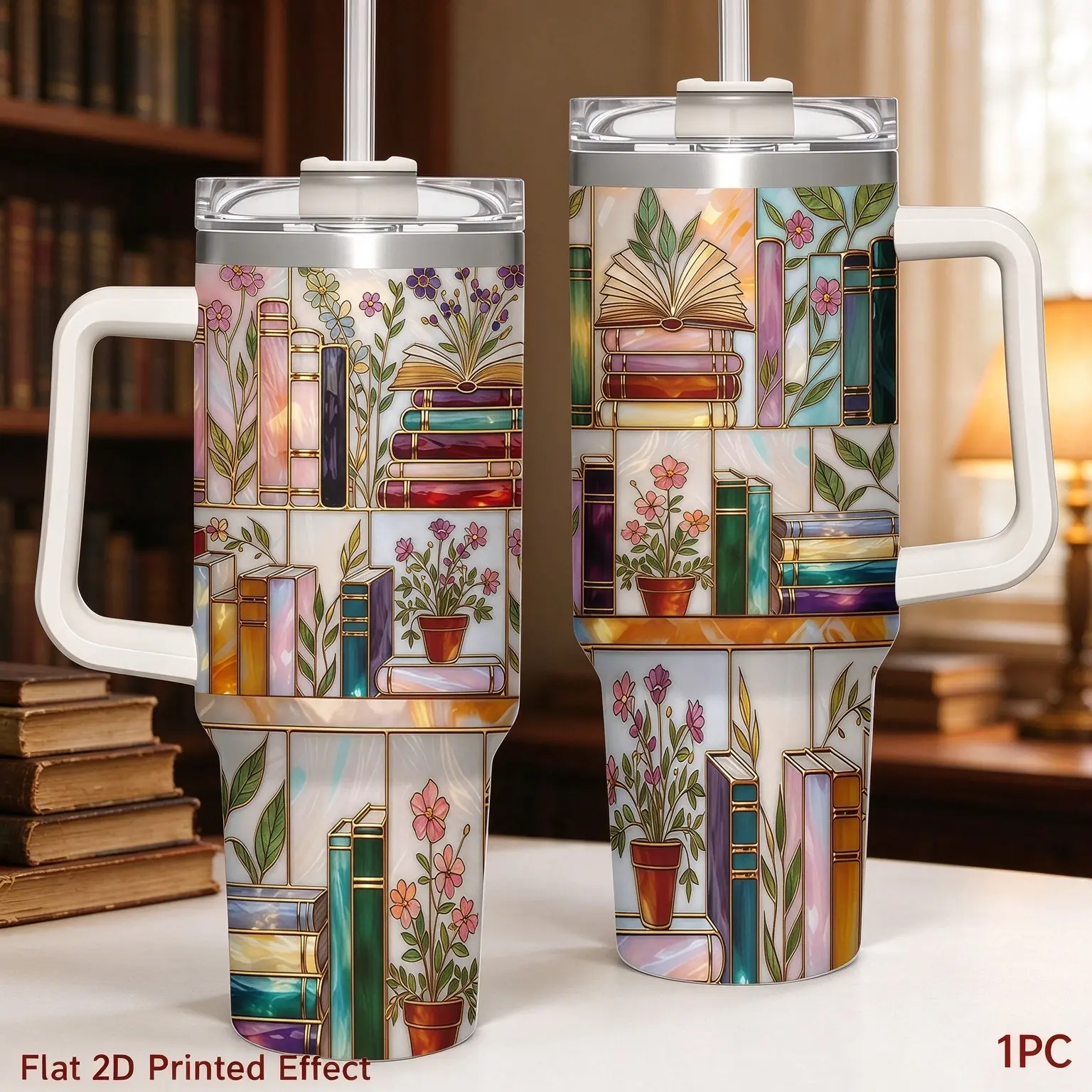 Stained-Glass Book Design 40oz Tumbler,Flat 2D Printed Floral Bookshelf Tumbler, Book Lover Gift, Bookish Cup, Library Cup, Tea Cup, Coffee Mug, Gift for Friends, Kitchen Drinkware, Dealsforyou, Summerwins