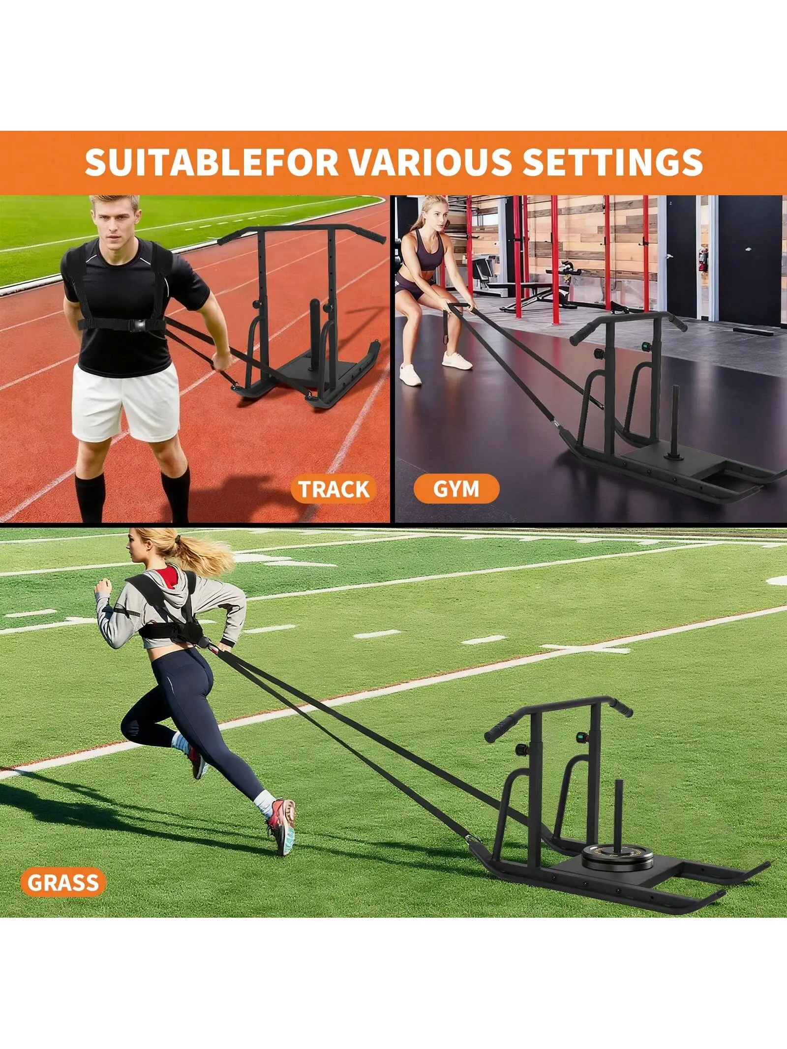 Weight Sleds For Training, Heavy-Duty Push Pull Sled With Adjustable Height Handle For Workout Fitness, Running Speed, Football, Strength, Fits 1" & 2" Weight Plates, Black