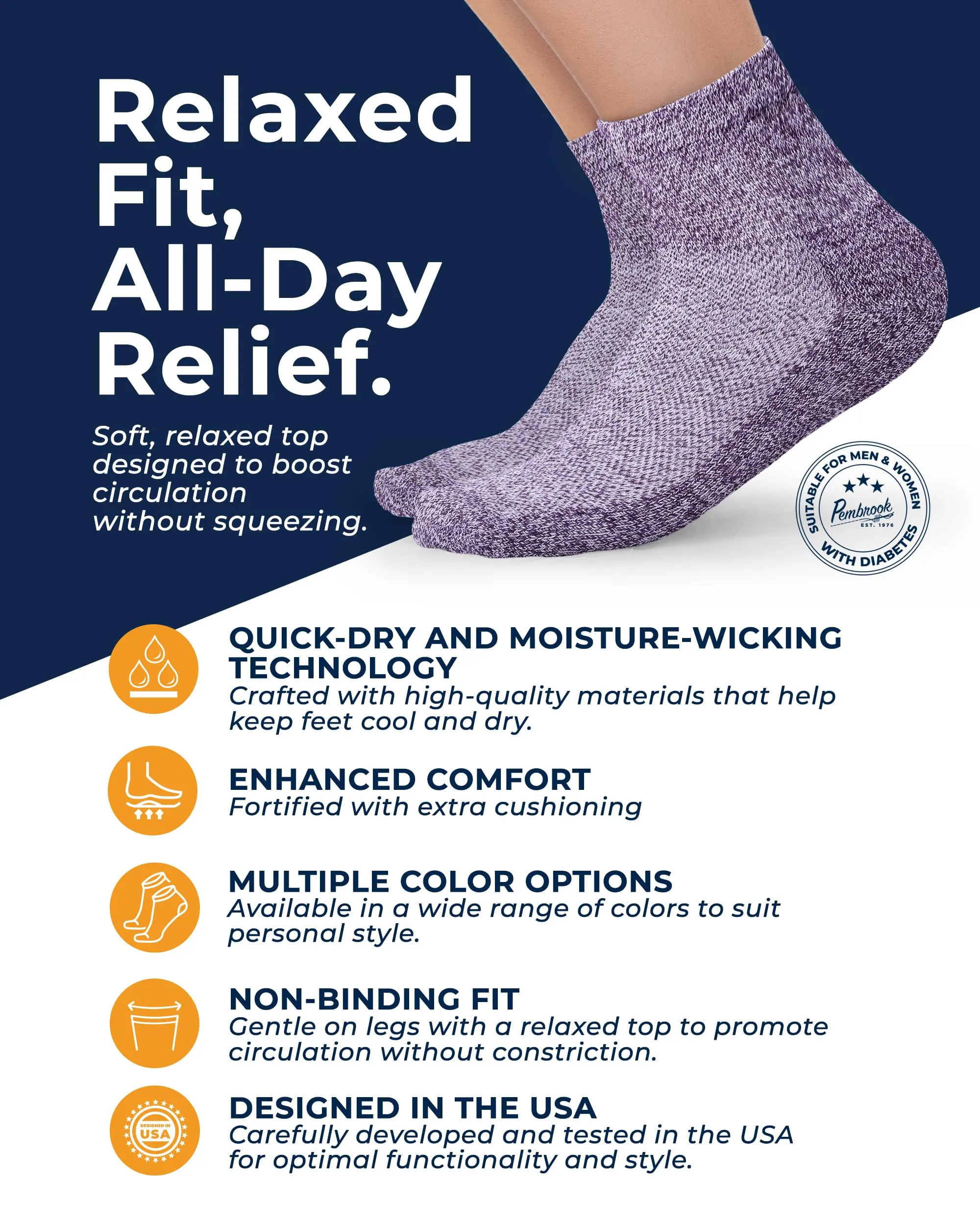 Pembrook Ankle Diabetic Socks | Neuropathy Relief | 6 Pairs in Multiple Colors Pembrook Ankle Diabetic Socks | Neuropathy Relief | 6 Pairs in Multiple Colors