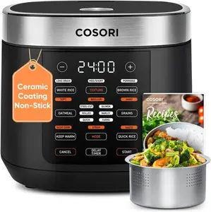 Cosori 10-Cup Fuzzy Logic Rice Cooker - Non-Stick Ceramic Inner Pot, 24h Keep Warm, 18 Functions with Stainless Steel Steamer Basket, Sauté, Slow Cooker, Black