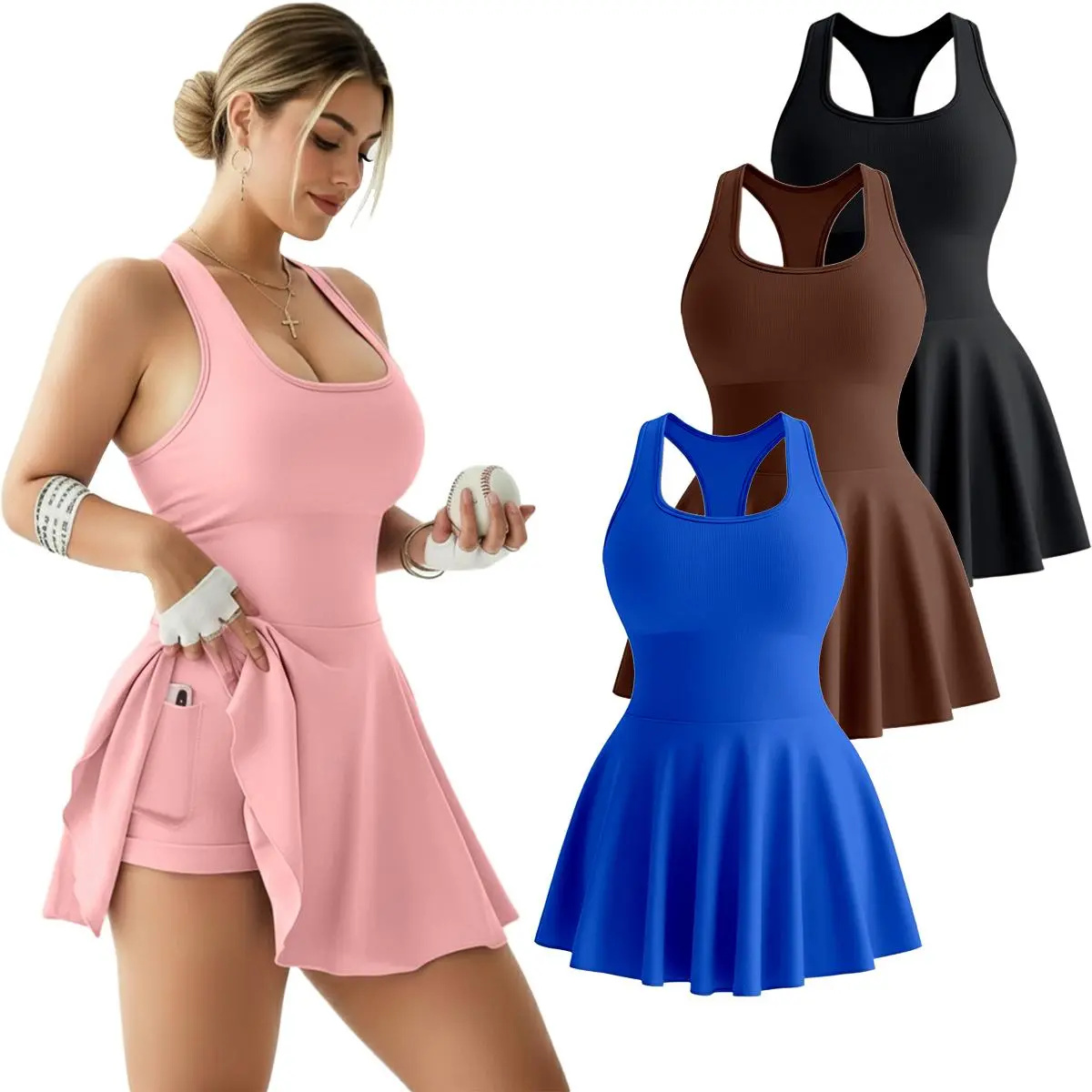 Women's Slim-Fit Red Sleeveless Athleisure Sports Dress - Built-in Shorts, Flared Skirt, Pockets, Layerable, Machine Washable - Tennis Attire, Golf-Themed Sporty Dress for Workout, Casual Summer Use, Athleisure Sports Dresses Workoutdress Activewear