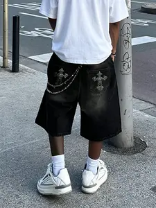 Men's Vintage Cross Stitch Denim Shorts, Straight Leg Loose Hip Hop Wide Leg Five-Pocket Pants, Summer Breathable Streetwear