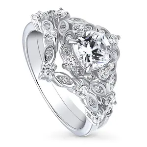 BERRICLE Sterling Silver Halo Wishbone Art Deco Chevron V Shaped Engagement Rings Stackable Band for Women, Cushion Cut Cubic Zirconia CZ Ring Set