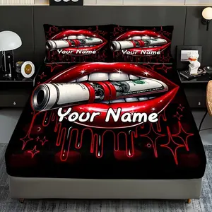 3pc Personalized Print Bedding Set, Lip Money Dark Cool Style, Soft Comfortable Breathable, Home Decor, Bed Sheet Protector