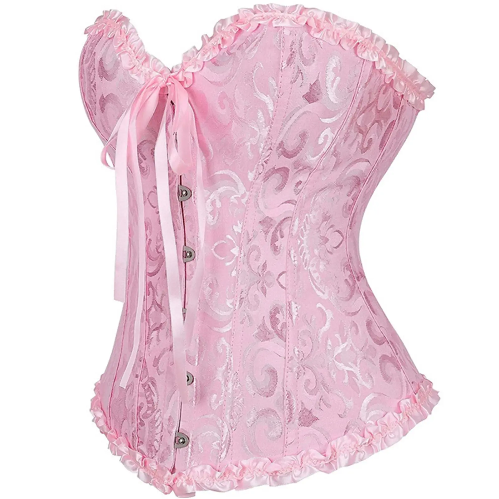 Women Tie up Overbust Corset, Sexy Boned Ruffle Jacquard Bustier with Bow, Body Shaper