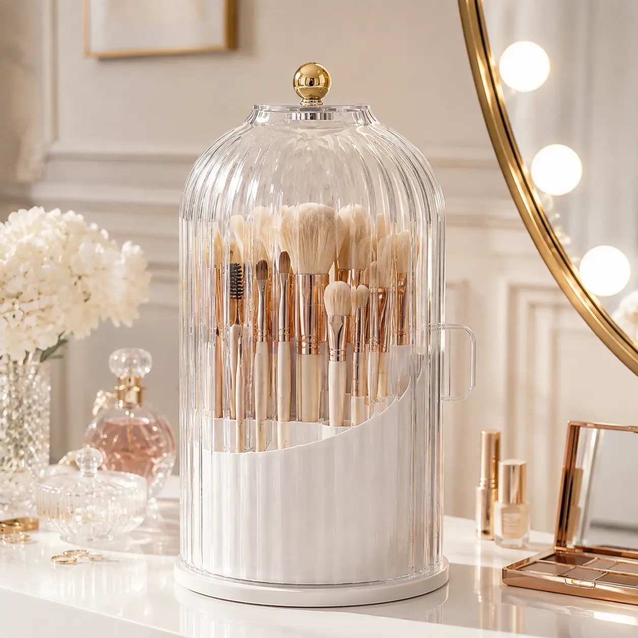 360° rotating clear  storage rack, waterproof and dust-proof transparent makeup box with sliding cover, multi-functional organizer for cosmetics, lipsticks, makeup brushes, toothbrushes and toothpaste, suitable for bathrooms countertop and dressing tables