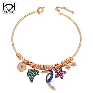 Fashionable Tropical Rainforest Necklace Leaf Hawaiian Style Choker Fun Toucan Copper Plated Necklace