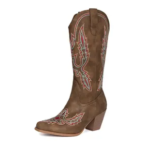 Cowboy Boots for Women Cowgirl Boots Mid Calf Pointed Toe Embroidered Fashion Western Chunky Pull On