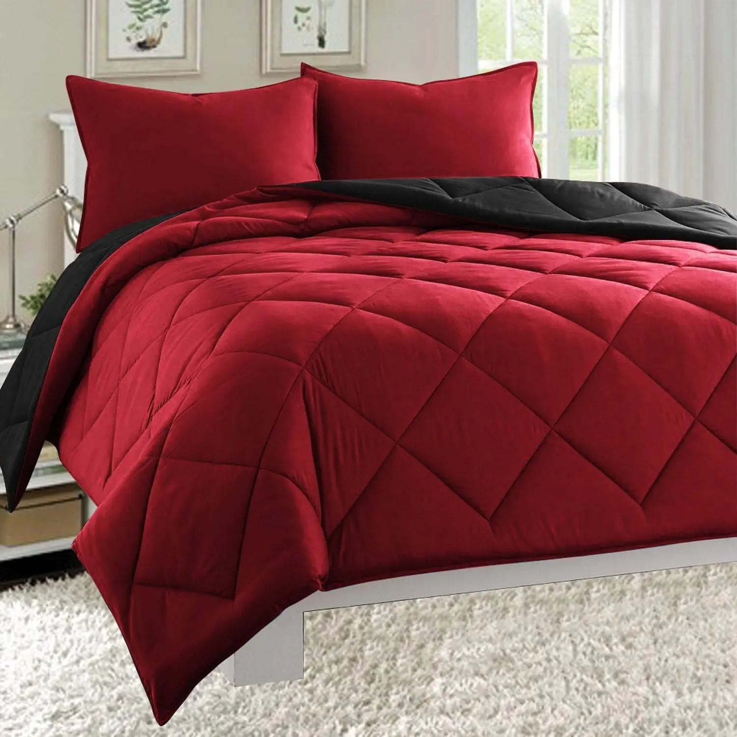3-Piece Queen Dark Duvet Set - Classic Microfibre Full/Queen Bedding Set, Wrinkle Resistant, Breathable, Durable, All Seasons Lightweight Down-Alternative Reversible, Black/Burgundy, Machine Washable, Tumble Dry, Double-Stitched for Luxury Sleep