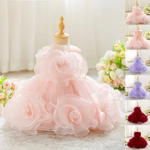 Pink 3D Big Flower Anniversary 3017 Baby Girls Clothes Infant Birthday Cocktail Dress Toddler Pageant Newborn Ball Gown Princess Baptism Frock 6M-3Y