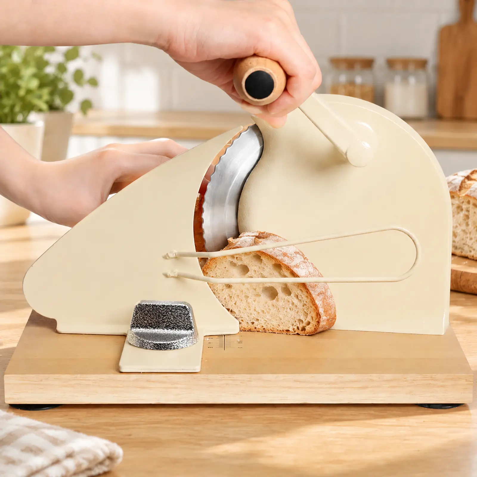 Manual Bread Slicer for Homemade Sourdough, Adjustable Thickness Hand Crank Bread Cutter with Scale Line, Solid Wood Base & Suction Cups, Works with Any Bread