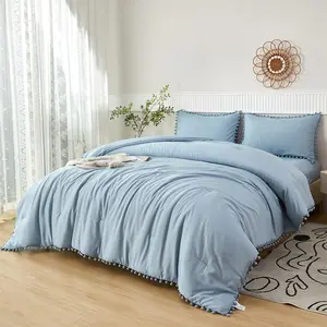 5 Grayish Blue A Bag Twin Aesthetic Boho Comforter with Pom Pom Fluffy Light Blue Solid Quilt Set for(Grayish Blue, Twin)