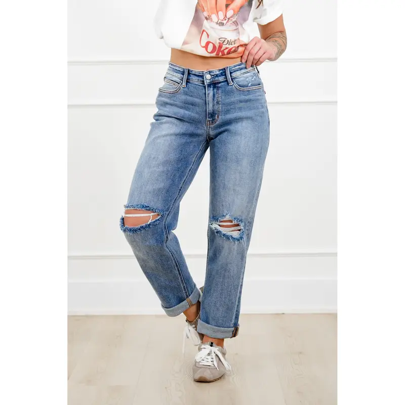 Judy Blue Mid Rise Medium Wash Distressed Boyfriend Jeans with Cuff