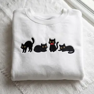 Black Cat Embroidered Sweatshirt, Cute Cat Lover Crewneck, Halloween Cat Shirt, Cat Lover Gift