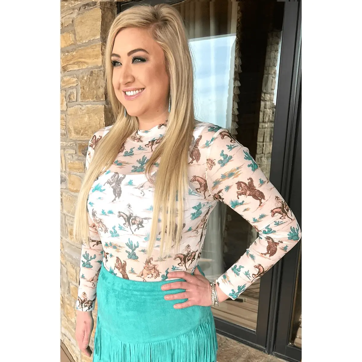 Women's Chisholm Trail Polyester-Spandex Thin Sheer Mesh Tee - Casual Western Print Long Sleeve Layering Blouse for Daily Wear, Slip, Shirts, Elastane