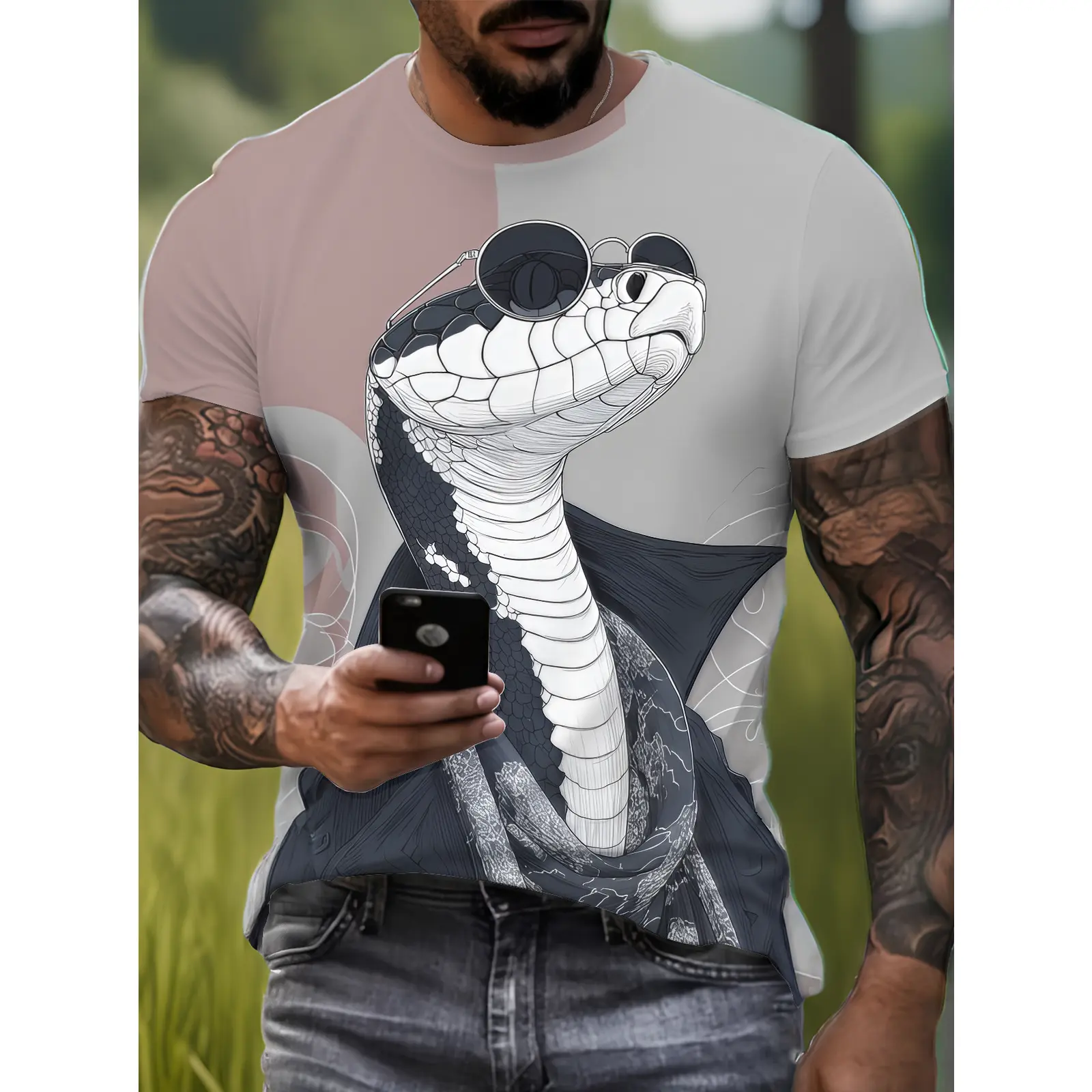 Men's 3D Snake King Print T-Shirt - Loose Fit Short Sleeve Round Neck Summer Top with Digital Snake Scale Design, Casual Streetwear Suitable for Warm Weather & Layering Outfits