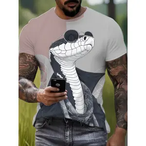 Men's 3D Snake King Print T-Shirt - Loose Fit Short Sleeve Round Neck Summer Top with Digital Snake Scale Design, Casual Streetwear Suitable for Warm Weather & Layering Outfits