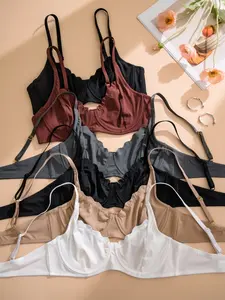 Women's Pure Color Wave Steel Ring Thin Cup Fitted Comfort Elegant Bra Lingerie Set, 6 Pieces, Soft and Breathable Underwear for Everyday Wear