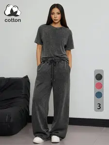 Women's Solid Color Short Sleeve Fitted T-shirt & Elastic Waist Trousers Cotton Two-piece Set, Casual Round Neck T-shirt & Pants, Daily & Everyday Wear for Summer, Tee, Womenswear, Clothes
