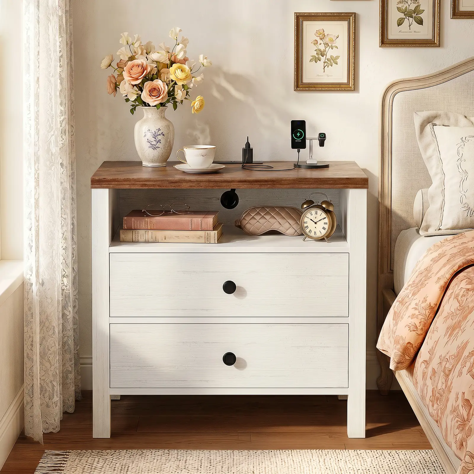 Cyclysio Overbed Bedside Table with Charging Station - 23.6" Tall Modern Farmhouse End Table, 2 Wood Drawers, Open Shelf, 2 AC Outlets for High Beds, Dual Drawer Bedroom Nightstand Furniture, Modern Farmhouse Table, Nightstands With Drawer
