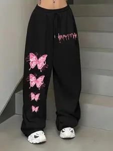 Women's Baggy Sweatpants High Waist Pink Butterfly Graffiti Print Streetwear Pants - Edgy Aesthetic Joggers, Soft Comfortable Drawstring Waist Vintage Graphic Lounge Pants with Pockets for Women, Aesthetic Streetwear Casual Sporty Trousers