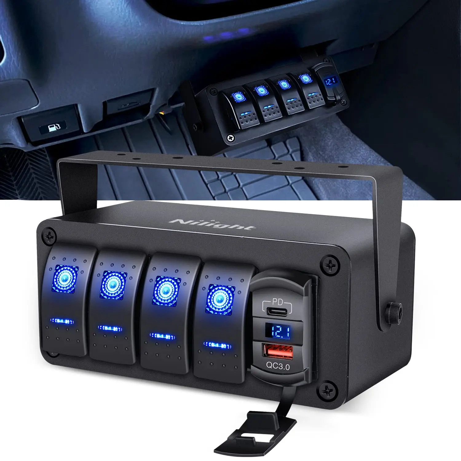 Nilight 4-Gang Rocker Switch Panel - 12V SPST ON-Off Switch, PD Type-C & QC 3.0 USB Charger, Voltmeter, Waterproof Dustproof Aluminum, Night Glow DIY Stickers for Cars, Boats, LED Lights