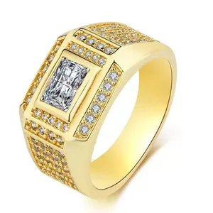 Golden Plated Rectangular gemstone Ring for Men, Luxurious  Hypoallergenic Classic Elegant Synthetic Moissanite Engagement Anniversary? Ring