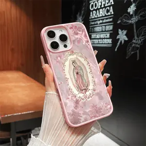 Aesthetic Magnetic Compatible Case for iPhone 17 Pro Max / 16 / 15 Pro Max / 15 / 14 / 13 / 12 / 11 / XS / XR – Pink Virgin Mary Print | Shockproof Silicone Lightweight Scratch-Resistant Protection