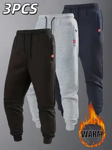 Men's Soft Warm Fleece Lined Running Pants, Mid-Waist Sportswear with Elastic Waistband and Drawstring, Dual Zipper Pockets, Casual Gym Wear, Drawstring Waist Athleisure, Athletic Bottoms