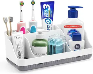 Bathroom Counter Organizer and Storage, 7 Slots Detachable Toothbrush Holders for Bathrooms, Anti-Slip Electric Toothbrush and Toothpaste Holder Countertop Vanity Organizer Accessories for Adults Kids Homtalker