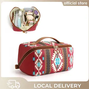 Boho Style Ethnic Geometric Pattern Makeup Bag,Casual Zipper Makeup Organizer Pouch, LargeCapacity Waterproof Toiletry Bag, Versatile StorageBag for Travel, Dormitory, Outing, Daily Use