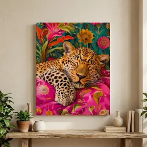 Sleeping Leopard Wall Art Posters and Prints, Maximalist Waterproof Wood-Framed Oil Painting, Bold Pink Dopamine Canvas Artwork, Kitsch Wild Animal Flower Print, Artistic Vibrant Pop Home Decoration for Bedroom Living Room